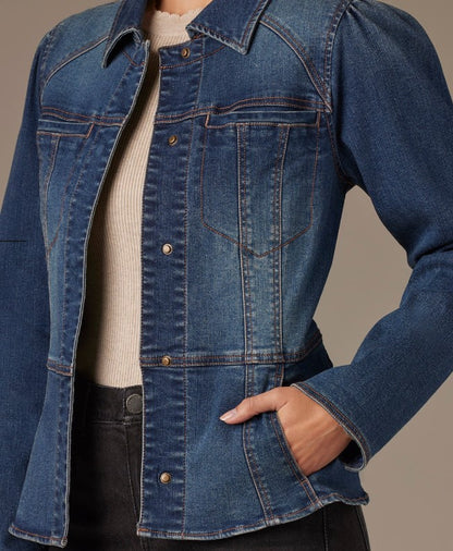 Long Sleeve Snap Front Peplum Hem Denim Jacket