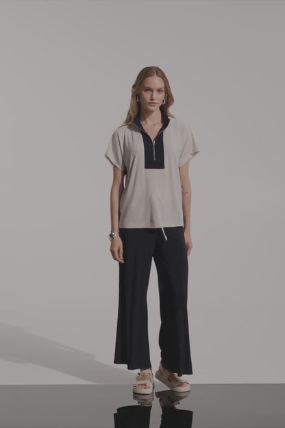 Silky Knit Color Block Straight Top With Zipped Collar 261611