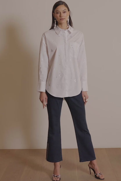 Stretch Poplin Boxy Blouse with Rhinestones 254924