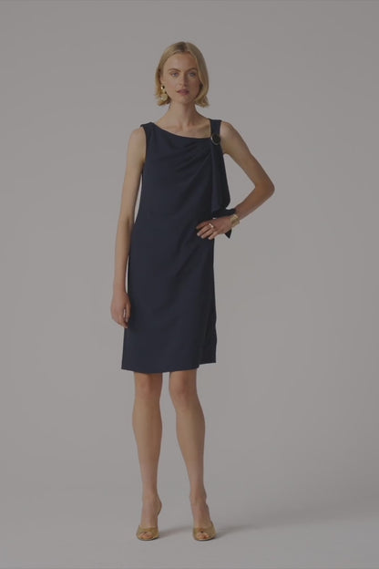 Woven Twill Shift Dress With Asymmetrical Neckline 261134