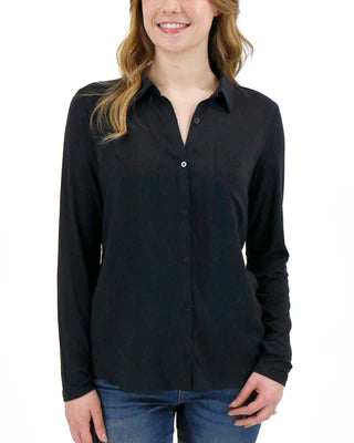 Stretch-Fit Button Up Top-Black SALE