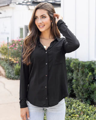 Stretch-Fit Button Up Top-Black SALE