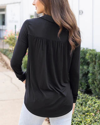 Stretch-Fit Button Up Top-Black SALE