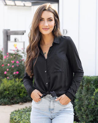 Stretch-Fit Button Up Top-Black SALE
