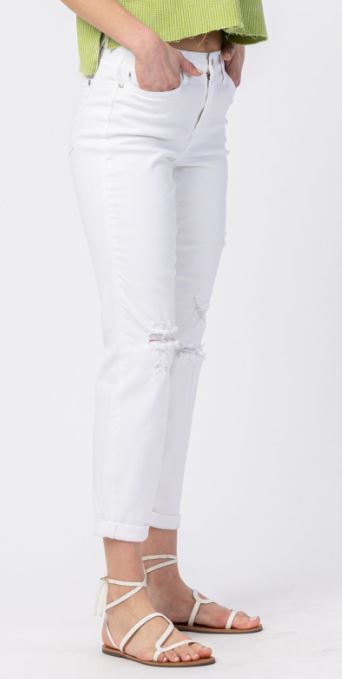 Mid-Rise Boyfriend Destroyed white denim
