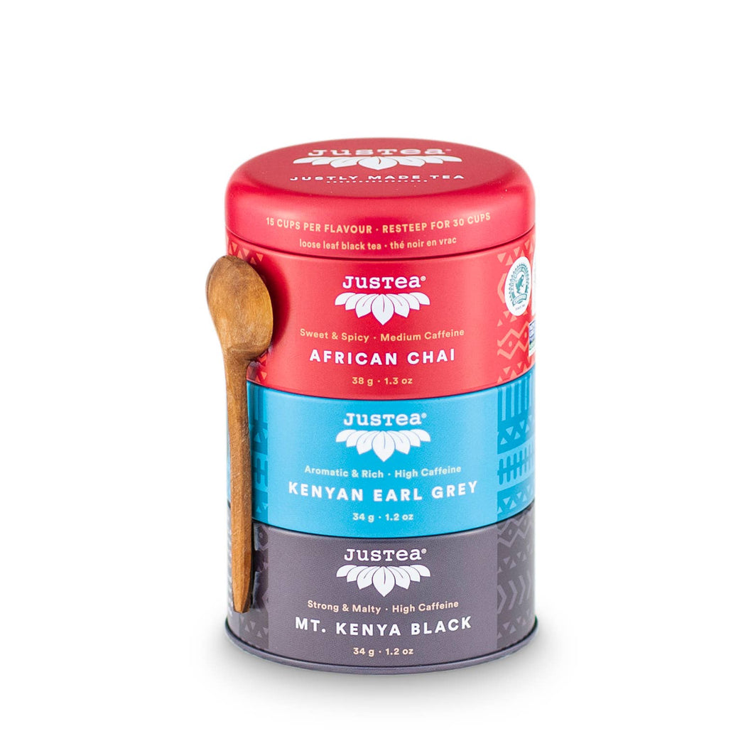 JusTea - Black Tea Trio Tin & Spoon - Organic, Fair-Trade Tea Gift