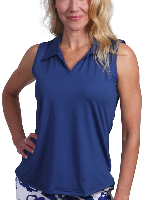 CLARE SOLID SLEEVELESS POLO TOP