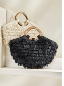 Curved Raffia Bag with Wooden Handle
