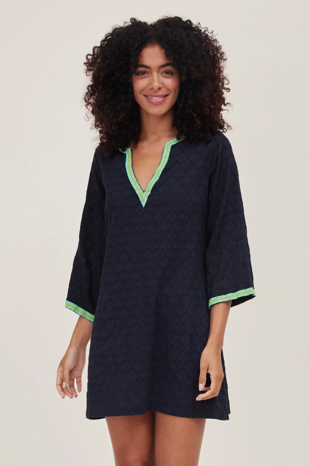 Giovanna Embroidered Hem Jacquard Bell Sleeve Dress