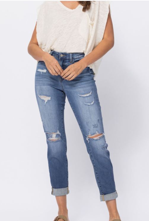 High Waist Cuffed Distressed Boyfriend