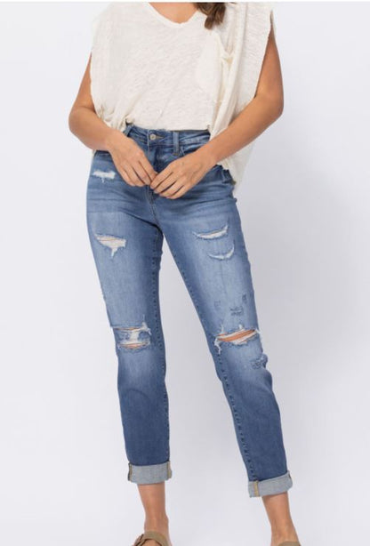 High Waist Cuffed Distressed Boyfriend