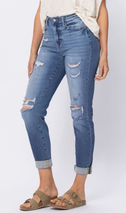 High Waist Cuffed Distressed Boyfriend