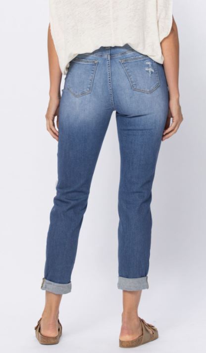 High Waist Cuffed Distressed Boyfriend