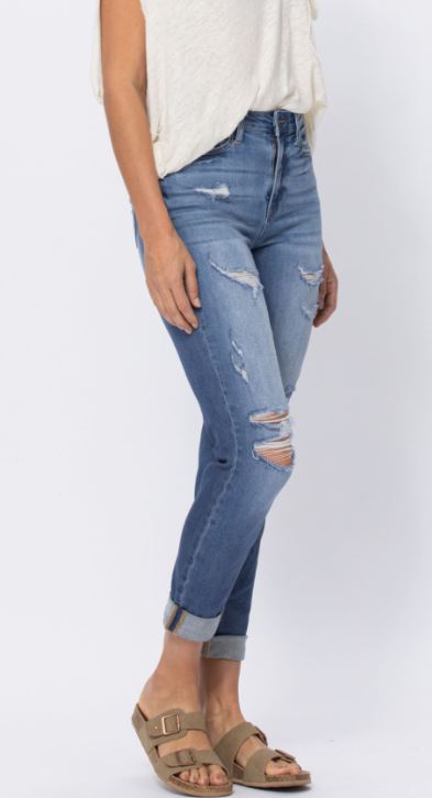 High Waist Cuffed Distressed Boyfriend