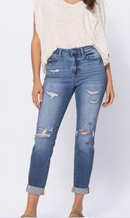 High Waist Cuffed Distressed Boyfriend