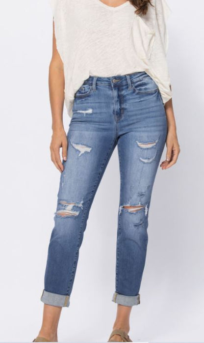 High Waist Cuffed Distressed Boyfriend