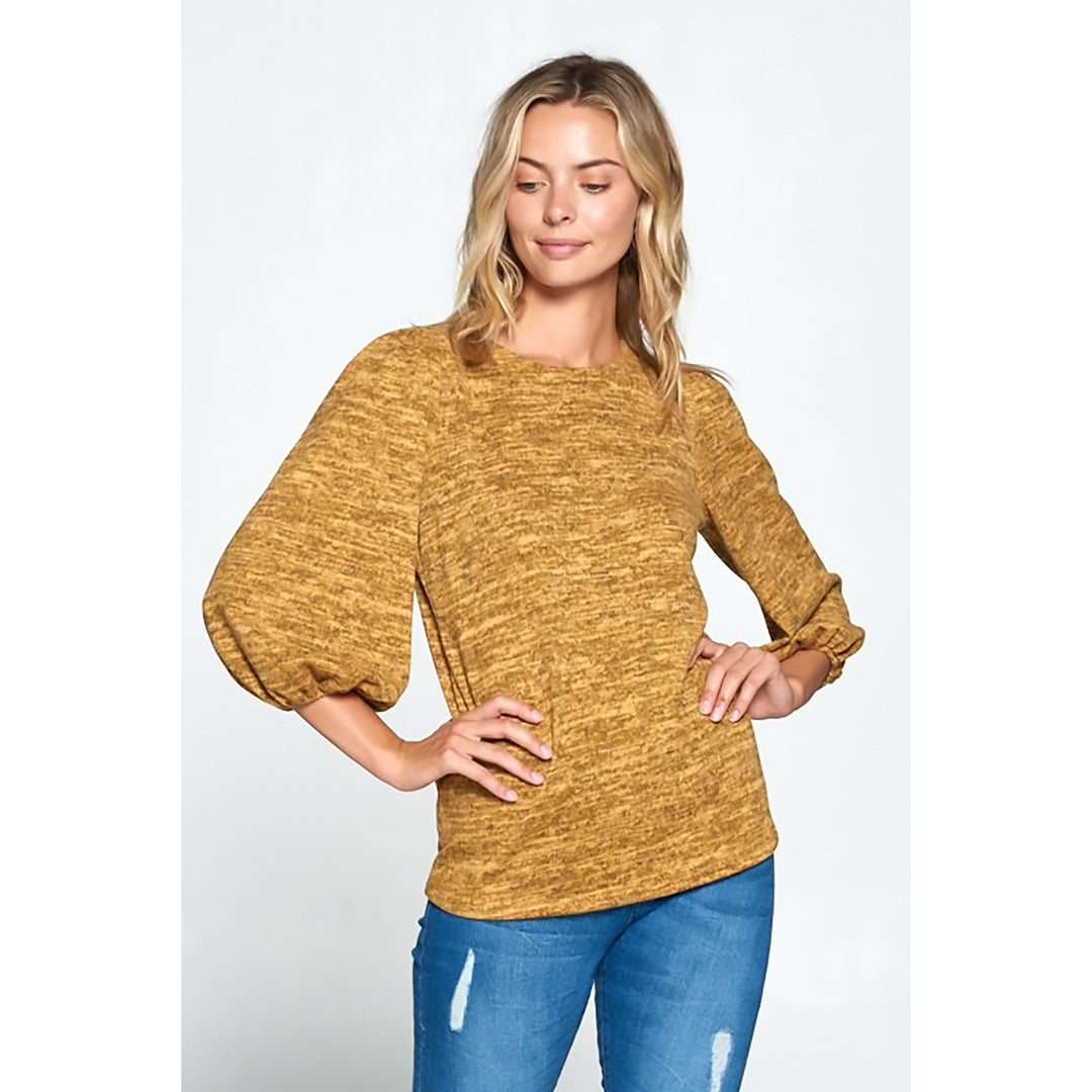 Sweater Knit Scoop Neck Top with 3/4 Puff Sleeve