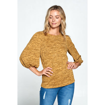 Sweater Knit Scoop Neck Top with 3/4 Puff Sleeve