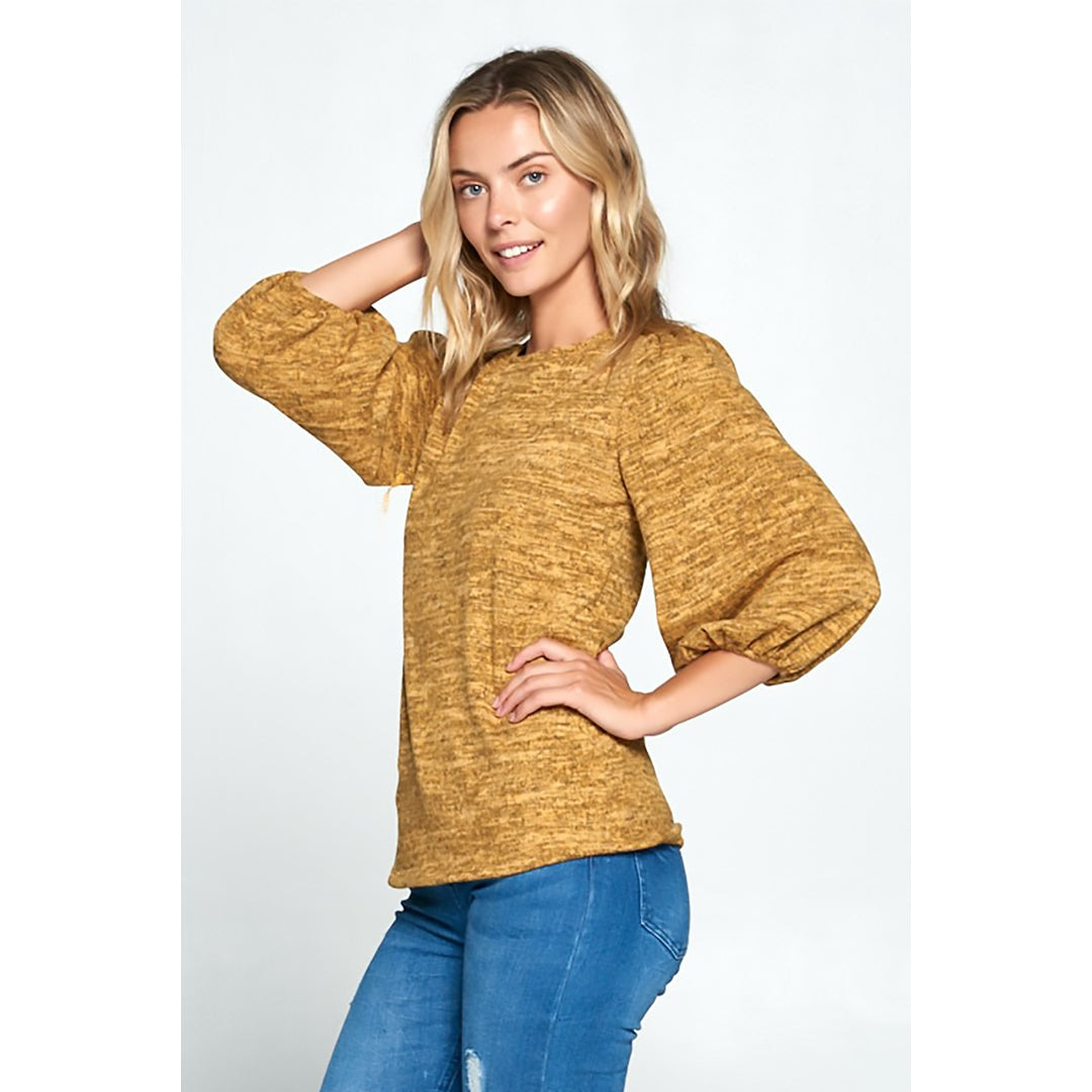 Sweater Knit Scoop Neck Top with 3/4 Puff Sleeve