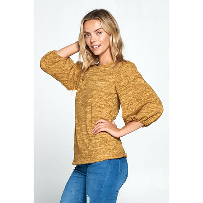 Sweater Knit Scoop Neck Top with 3/4 Puff Sleeve