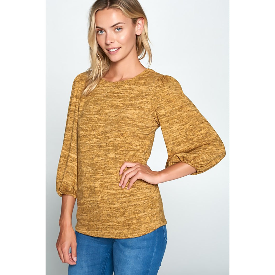 Sweater Knit Scoop Neck Top with 3/4 Puff Sleeve