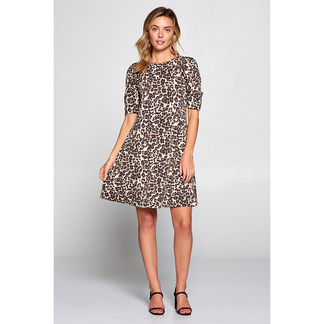 Taupe Leopard Swing Dress with Puff Sleeve
