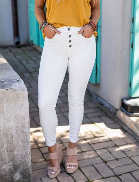 Soft White Button Fly Ankle Length Jeggings