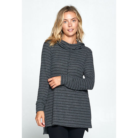 Striped Long Sleeve Tunic Hoodie with Side Slits
