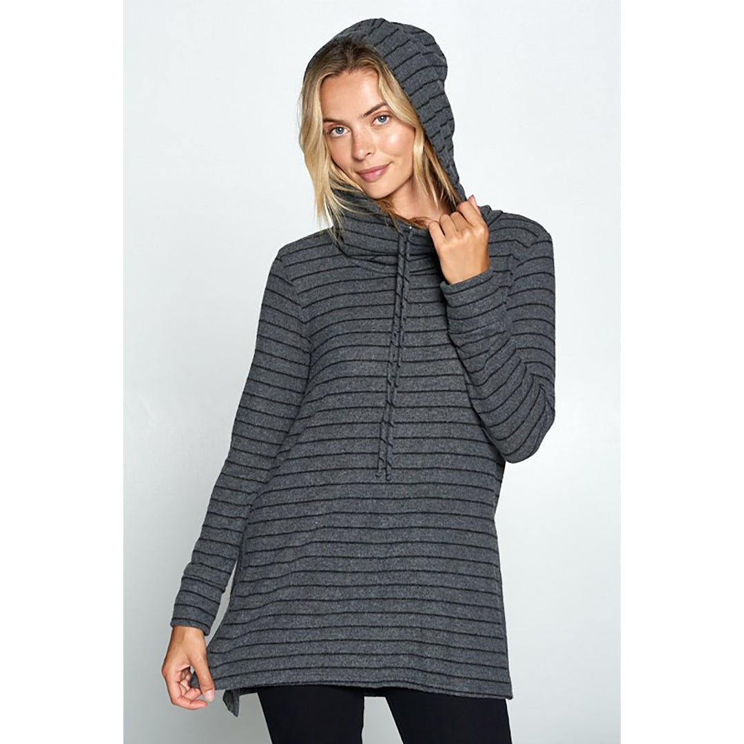 Striped Long Sleeve Tunic Hoodie with Side Slits