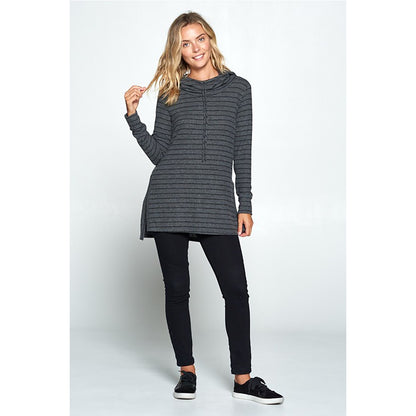 Striped Long Sleeve Tunic Hoodie with Side Slits