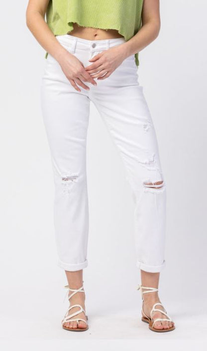 Mid-Rise Boyfriend Destroyed white denim